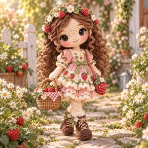 May include: A crocheted doll with long brown curly hair, wearing a pink dress with strawberry patterns and a matching floral headband. The doll holds a small woven basket filled with crocheted strawberries and wears brown lace-up boots.