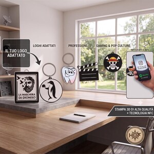 Può includere: Una collezione di portachiavi stampati in 3D personalizzati con vari design, tra cui una targa rettangolare con un volto, un grafico circolare con un pinguino, una forma di dente, un ciak cinematografico e un'icona a teschio, tutti dotati di tecnologia NFC.