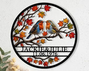 Personalized Robin Birds Metal Sign, Custom Name Date Fall Maple Leaf Wall Art (10-20 Inch)
