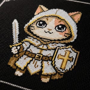 Cat Knight Cross Stitch Pattern: Cute Medieval Warrior with Sword and Shield Embroidery PDF