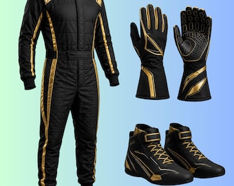 Custom Black Gold Racing Suit with Gloves and Shoes, Personalized Karting Style Jumpsuit, Motorsport Team Race Gear