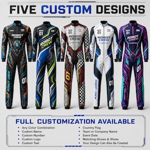Five Custom Robot Crew Jumpsuit Designs, Personalized Robotics Team Suit for Kids Adults Clubs and Tech Events