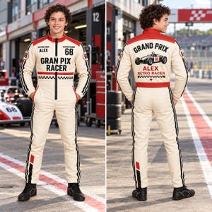 May include: A cream-colored racing jumpsuit with red accents, black stripes, and a checkered pattern. The front features the text "GRAN PIX RACER", "ALEX", and "68". The back displays "GRAND PRIX", "ALEX", "RETRO RACER", and a vintage race car graphic.