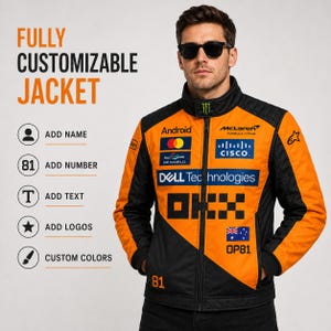 Custom Orange Racing Jacket, Personalized Motorsport Jacket with Name Number Flag and Logos, Racing Team Jacket for Men Women