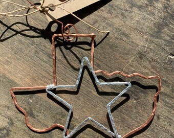 Texas with a star Ornament Hammered in Copper, Texas Christmas Ornament, cowboys ornament