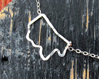 Sterling Mississippi outline necklace, Silver sideways hammered Mississippi Necklace