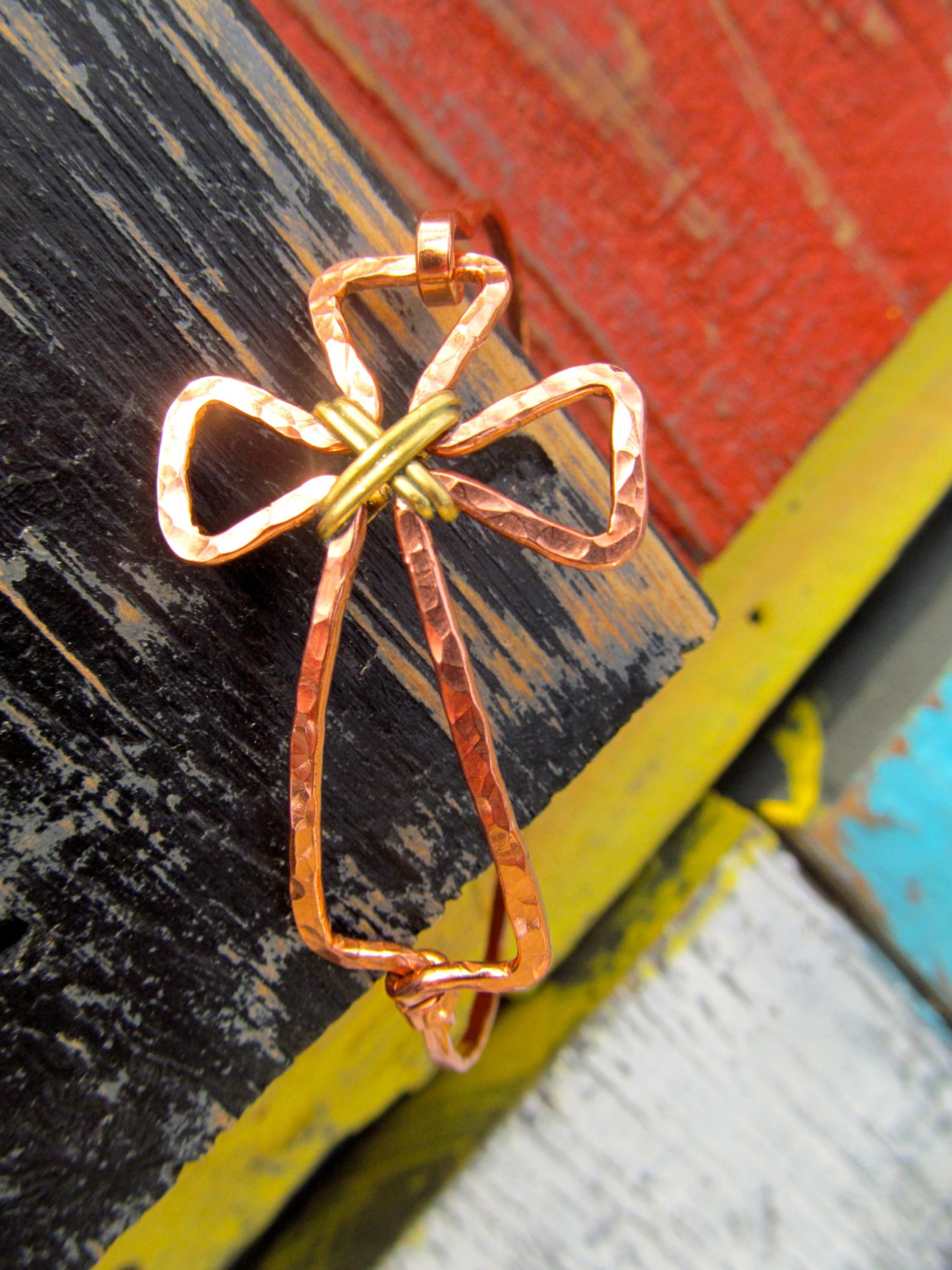 Cross Bracelet Hammered in Copper Wrapped in Brass Copper Etsy