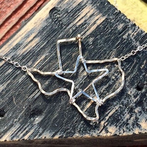 Texas star state necklace, Hammered in Gold and Sterling Silver wire Texas outline state necklace,