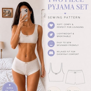May include: A digital PDF sewing pattern for a two-piece pyjama set by Blyss Patterns. The set includes a scoop-neck crop top and shorts, both featuring a small bow detail. The pattern is available in sizes XS to 2XL in A4 and letter formats.