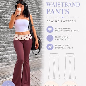 Puede incluir: Un patrón de costura digital en PDF para pantalones con cintura plegable de Blyss Patterns. La imagen muestra un top blanco tipo tubo y pantalones acampanados color granate con una cintura de lunares crema y granate, junto a dibujos técnicos y texto.