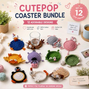 Crochet Animal Coaster Pattern Bundle – 12 Pop-Up Designs | Squirrel, Duck, Frog, Penguin, Dog & More | PDF Instant Download