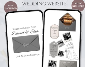 結婚式ウェブサイトテンプレート | 編集可能なCanva結婚式招待状（出欠確認と音楽付き） | デジタル封筒招待状 | エレガントなモバイルフレンドリーデザイン