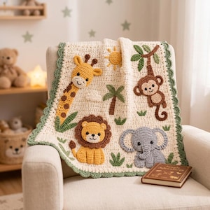 May include: A cream-coloured crochet baby blanket featuring appliqued jungle animals including a yellow giraffe, a brown monkey hanging from a tree, a golden lion, and a grey elephant, all bordered by a scalloped green edge with a sun and palm tree.