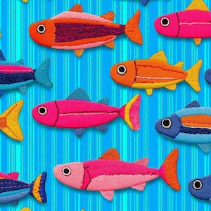 May include: A fabric pattern featuring embroidered fish in vibrant shades of pink, orange, blue, and yellow. The fish are arranged in a repeating design against a bright cyan background with vertical stripes of varying shades of blue.