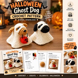 Pode incluir: Um padrão digital de crochê para um cão fantasma de Halloween, com duas figuras de cães em crochê vestindo lençóis brancos de fantasma. Um cão é castanho com um pequeno balde de abóbora laranja, o outro é preto e branco. Inclui texto e instruções.