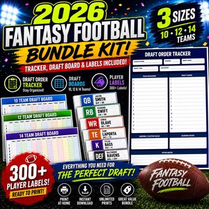 May include: A 2026 fantasy football bundle kit featuring a draft order tracker, draft boards for 10, 12, and 14 teams, and over 300 player labels. The kit includes a brown football graphic and text detailing the contents for a draft event.