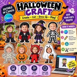 May include: A digital Halloween craft template featuring eight characters with cutouts for faces, including a monster, vampire, witch, skeleton, mummy, pumpkin, devil, and ghost. The design includes instructions for Canva and printing.
