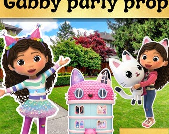 Rekwizyty na imprezę Gabby w formacie PNG, zestaw wycinanek urodzinowych Gabby, dekoracje na imprezę Gabby, stojak do druku, 3 rekwizyty na imprezę, pobieranie cyfrowe
