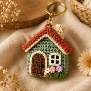 Può includere: Un portachiavi all'uncinetto a forma di piccola casa con esterno verde salvia, una porta marrone scuro testurizzata e un tetto color ruggine. La casa presenta un camino bianco, una piccola finestra con cornice nera e tre minuscoli fiori colorati.