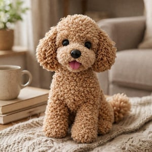 May include: A plush toy dog with curly light brown fur, dark round eyes, a black nose, and a small pink tongue sticking out. The stuffed animal is sitting upright, featuring a textured, wool-like appearance with floppy ears and a short tail.
