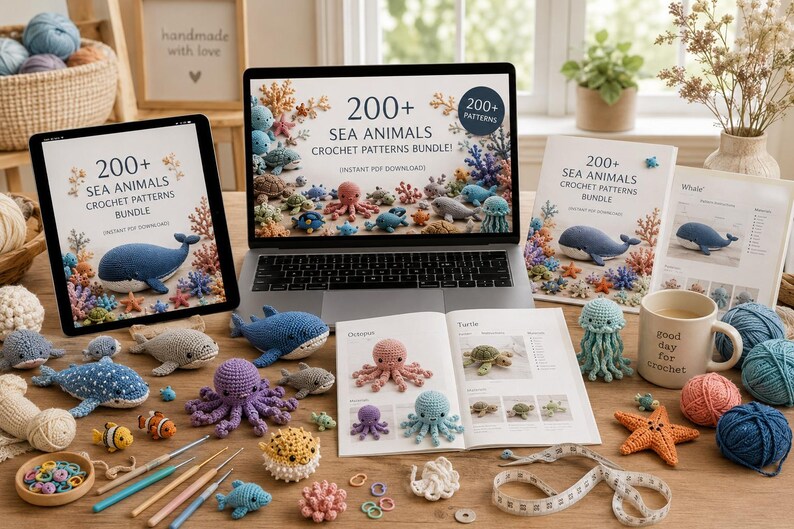 Op de afbeelding: Een digitaal pakket met meer dan 200 haakpatronen voor zeedieren op een laptop- en tabletscherm, vergezeld door diverse gehaakte zeedieren, garenbollen, haaknaalden, een meetlint en een instructieboekje.