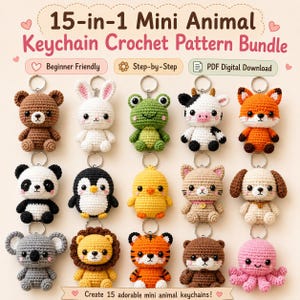 Può includere: Un set di 15 schemi all'uncinetto per portachiavi a forma di animali in miniatura che include 15 diverse figure all'uncinetto tra cui un orso, coniglio, rana, mucca, volpe, panda, pinguino, pulcino, gatto, cane, koala, leone, tigre, lontra e polpo.