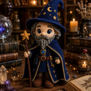 Può includere: Una bambola mago all'uncinetto con un cappello a punta blu scuro ricamato con una mezzaluna e stelle gialle, un mantello blu abbinato, una barba grigia e stivali marroni. La bambola tiene in mano un bastone marrone sormontato da una stella.