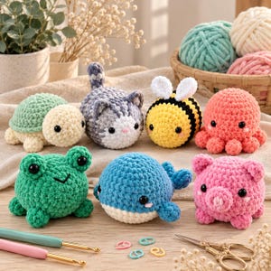May include: A collection of seven small, round, crocheted plush animals including a green turtle, a gray cat, a yellow and black bee, a coral octopus, a green frog, a blue whale, and a pink pig, accompanied by two crochet hooks and scissors.