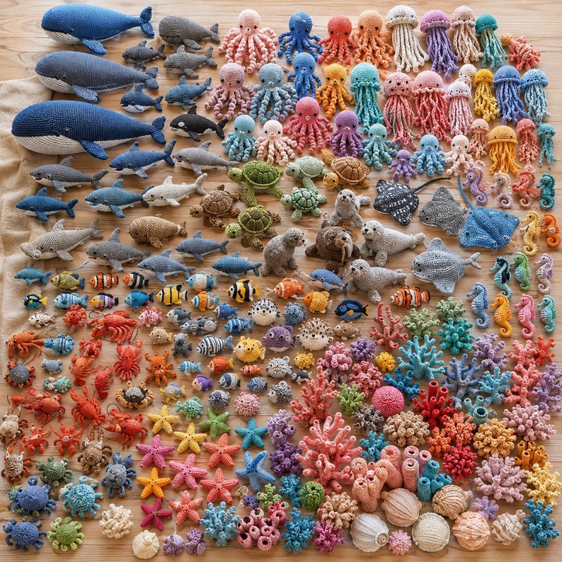 Op de afbeelding: Een grote collectie gehaakte zeedieren, waaronder walvissen, octopussen, kwallen, zeeschildpadden, zeehonden, krabben, zeesterren, zeepaardjes en koraalstructuren in diverse kleuren en formaten, gerangschikt op een plat oppervlak.