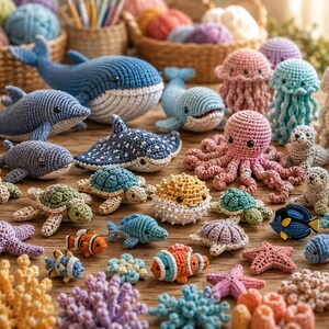 Op de afbeelding: Een verzameling van diverse gehaakte zeedieren, waaronder walvissen, dolfijnen, schildpadden, kwallen, een octopus, zeepaardjes en clownvissen, gerangschikt met gehaakte koraalstukken in tinten blauw, roze, groen en geel.