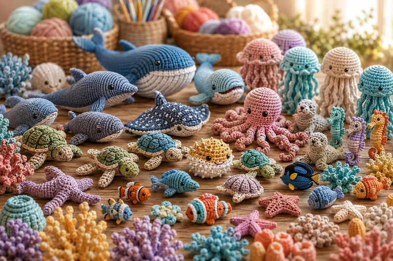 Op de afbeelding: Een verzameling van diverse gehaakte zeedieren, waaronder walvissen, dolfijnen, schildpadden, kwallen, een octopus, zeepaardjes en clownvissen, gerangschikt met gehaakte koraalstukken in tinten blauw, roze, groen en geel.