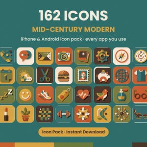 Könnte beinhalten: Eine digitale Sammlung von 162 Mid-Century-Modern-Icons für iPhone und Android. Das Grafikset besteht aus quadratischen App-Icons mit abgerundeten Ecken in einer gedeckten Farbpalette und zeigt verschiedene Symbole wie Kamera, Burger und Uhr.
