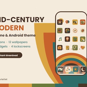 May include: A digital display of a smartphone screen featuring a collection of app icons in a muted color palette of orange, green, and brown. The screen shows a rainbow graphic at the bottom. Text reads: MID-CENTURY MODERN iPhone & Android theme.