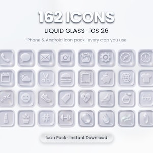 Könnte beinhalten: Eine Sammlung von 162 Liquid-Glass-Symbolen für iPhone und Android mit einem hellvioletten, durchscheinenden Design in abgerundeten Quadraten. Der Text lautet 162 ICONS, LIQUID GLASS, iOS 26, iPhone & Android icon pack, every app you use, Icon Pack, Instant Download.