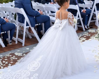 Detachable Train Flower Girl Dress, Long Sleeve Lace Girls Gown, Custom Wedding Dress