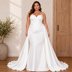 Custom Plus Size Mermaid Wedding Dress, Satin Sweetheart Gown, Detachable Train (White/Ivory)