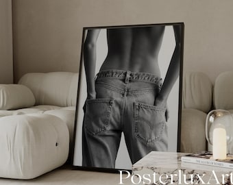 Black & White Jeans Art Print – Stockholm Modern Woman Body Silhouette Poster, Y2K Fashion Aesthetic Denim Poster, Stockholm Art Print