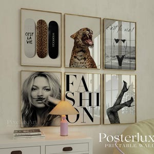 May include: A gallery wall set of six framed prints featuring a leopard, skateboards with the text Cest La Vie, a bikini with the text Cest La Vie, a portrait with a moustache, the word FASHION, and legs in high heels against a forest background.