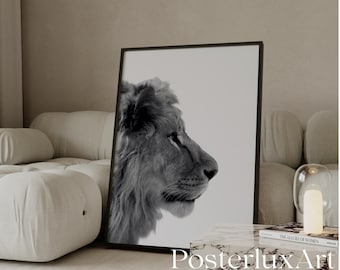 Lion Wall Art Print, Black and White Lion Poster, Modern Aesthetic Safari Wall Decor, Stockholm Style Wild Fashion Poster, Jungle Print