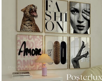 Stockholm Style Fashion Gallery Wall Set of 6, Super Model Poster, Leopard Print, Skateboard Art, High Heels Photography, Modern Chic Decor