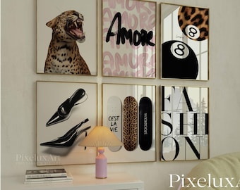 Set of 6 Stockholm Style Fashion Wall Art, Leopard Aesthetics Printable, Trendy Fashion Shoes & Skateboard Prints, Modern Apartment Decor