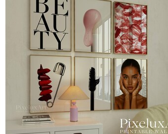 Modern Beauty Wall Art Set | Red Lipstick Aesthetic Prints, Y2K Makeup Art Decor, Girly Glam Room Printable Poster, Beauty Gallery Set