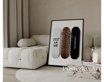 Leopard Skateboard Wall Art, Stockholm Fashion Printable Poster, Modern Minimal Wall Decor, Black White Trendy Art, Urban Scandinavian Style, image 1
