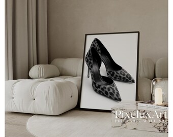 Black and White Leopard Heels Wall Art, Stockholm Modern Aesthetic Chic Apartment Decor, Retro Heels Poster, Fashion Elegant Leopard Print, image 1