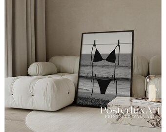 Black Bikini Poster, Black and White Beach Wall Art, Minimalist Summer Print, Coastal Photography Decor, Modern Printable Wall Art,, image 1