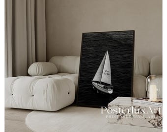 Stockholm Style Sailboat Wall Art, Black & White Nautical Aesthetic Print, Minimalist Ocean Poster, Coastal Decor for Living Room, image 1