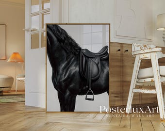 Black Horse Wall Art - Black & White Stockholm Style Elegant Horse Art Print, Stylish Vintage Equestrian Poster, Y2K Cowboy Aesthetic Art, image 3