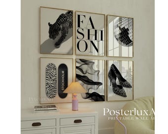 Stockholm Black and White Wall Art Set of 6 – Fashion Wall Art, Leopard, High Heels, Disco Ball Poster, Trendy Aesthetic Y2K Apartment Print, image 1