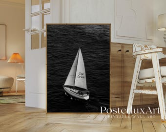 Stockholm Style Sailboat Wall Art, Black & White Nautical Aesthetic Print, Minimalist Ocean Poster, Coastal Decor for Living Room, image 3