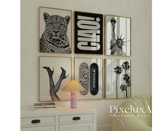 Black and White Fashion Wall Art Set of 6 - Modern Gallery Wall Prints, Stylish Y2K Stockholm, Leopard, Statue of Liberty Apartment Decor, image 1